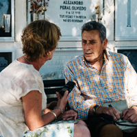 Cate-Arries interviews Manuel Fernández Roldán for her research. Photo: Devin Buck